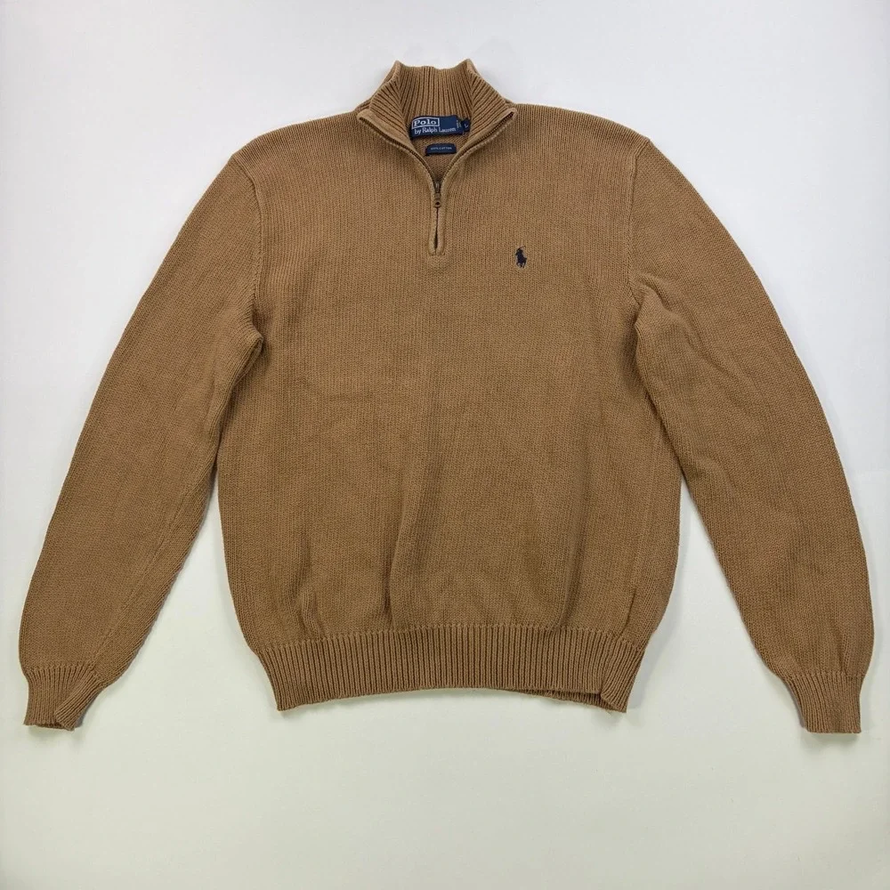Polo Ralph Lauren Quarter-Zip Sweater Mens Large Tan Brown 100% Cotton Ribbed